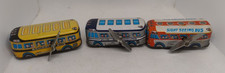 3 Small Tin Plate Clockwork Buses , School Bus , Greyhound & Sight Seeing Bus