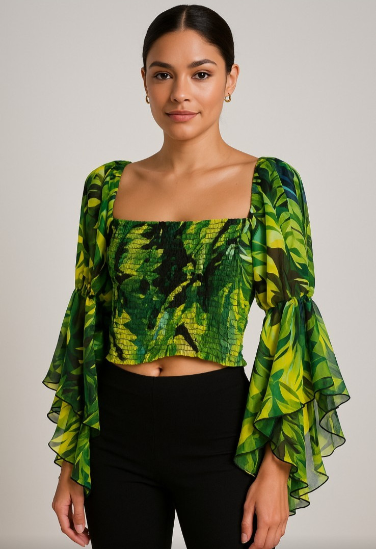 LIVE 4 TRUTH Blouse Large Tropical Smocked Square Neck Bell Sleeve Crop Top