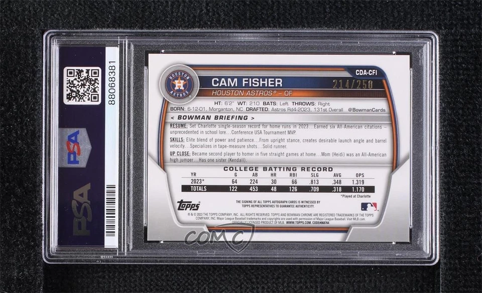 2023 Bowman Draft Chrome Prospect Purple Refractor Cam Fisher PSA 10 GEM MT Auto - Image 2 of 2