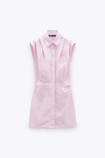 ZARA Poplin Dress with Gathered Detail S Pink 100% Cotton 7385/138/644