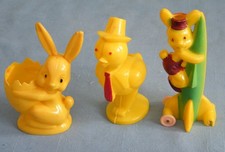 3 Vintage Hard Plastic Toys~ Bunny & Chick Candy Holders & Rabbit on Rocket Ship