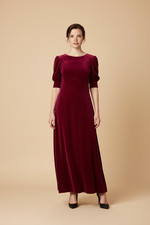 Burgundy Red VELVET MAXI DRESS M L, Evening Dress with Short Sleeves, Festive