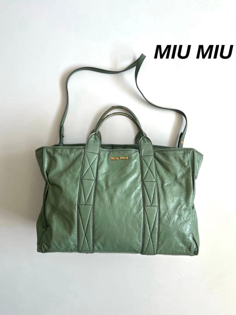 MIU MIU Enamel Leather 2Way Shoulder Bag Green Vintage Tote Sacoche Authentic