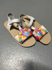 Mini Boden Girls' White Bird Pom Pom Sandals Adjustable Strap Flat EU 35