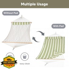 SUNCREAT 2 Person Hammock Green Beige Hardwood Spreader Bar Cotton