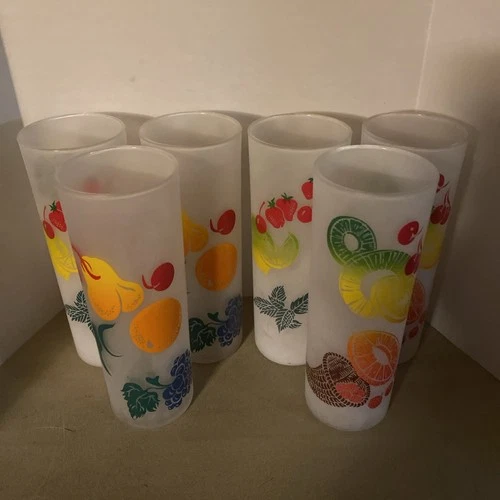 Set of  6 Vintage 1960s Federal Glass Frosted Fruit Tom Collins Tall Glasses