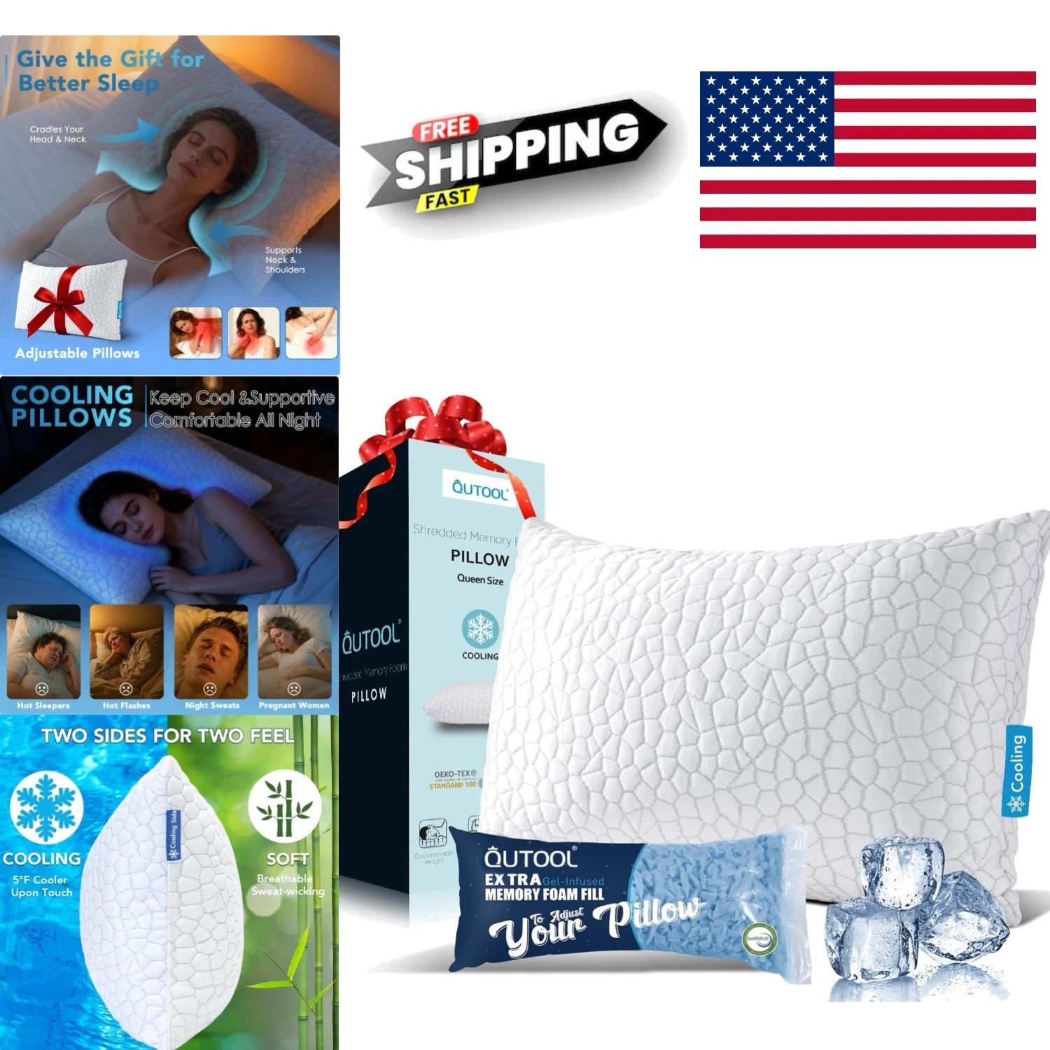 Cooling Pillow for Sleeping Queen Size Adjustable Shredded Memory Foam White