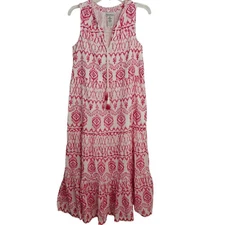 Tommy Bahama Ikat Tropics Midi Dress Size XS Pink Cotton Voile Tassels Beachy