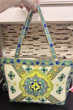 Vintage Hand Beaded Seed Bead Tote Purse Teal Blue Gold Geometric 15  