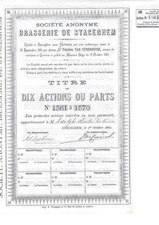 Belgien: Brasserie de Staceghem Anteilschein 10 Anteile 1894 Gründer Kuponr.