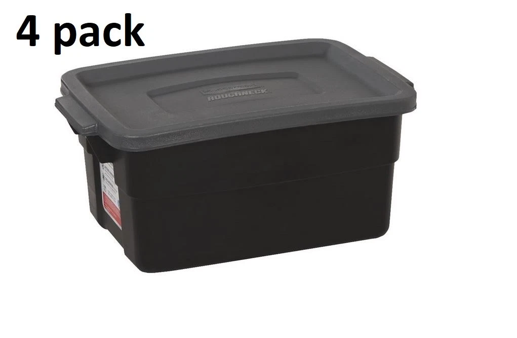 RUGGED Roughneck Rubbermaid Storage Tote Bins, 12 Qt (3 Gal), Grey & Black  4 ct