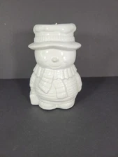 Snowman candle holder Figurine all White Ceramic snow man with suitcase hat