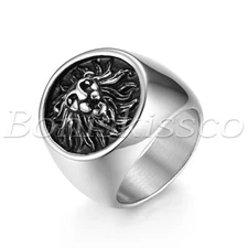 Men's Retro Black Silver Stainless Steel Lion Head King Biker Ring Band Size7-14