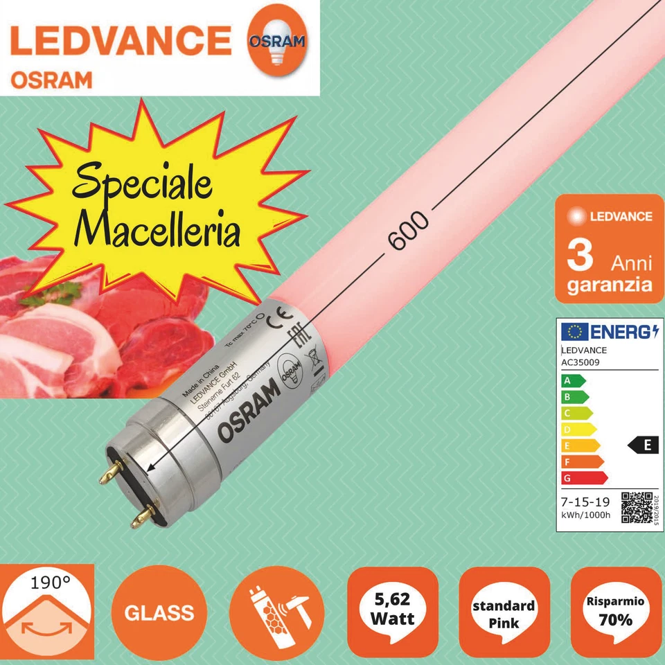 OSRAM Tubo led LEDVANCE 90,120,150 T8-G13 per carne Macelleria Meat Pink Rosa - Immagine 2 di 4