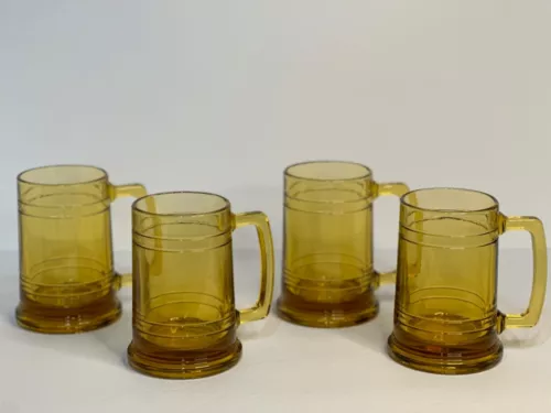 VTG Hazel Atlas Set of 4 Amber Glass Beer Steins Mugs Heavy Handled Man Cave Bar