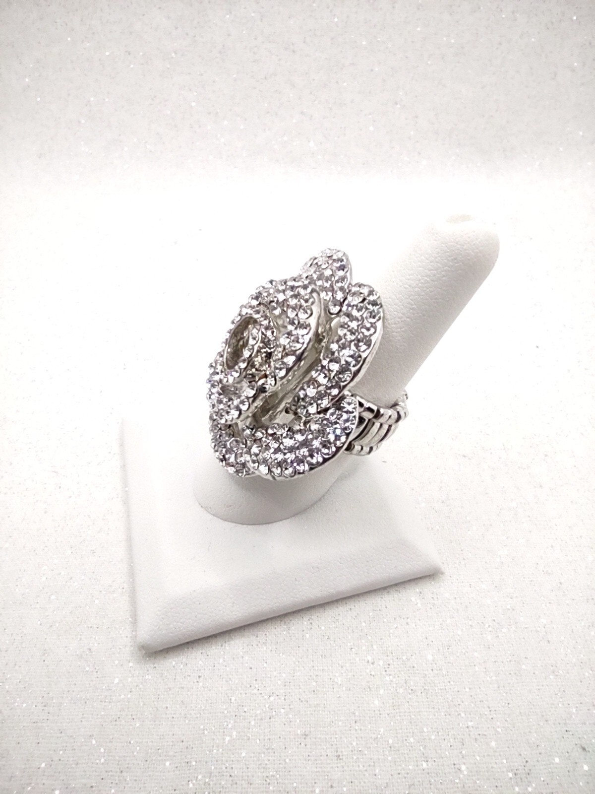 Pave Rhinestone Flower Statement Ring sz 8.75 Adj… - image 3