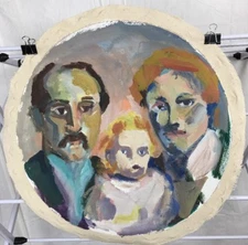 OOAK Outsider Art  Creepy Victorian Family Portrait Original Canvas Oil Round