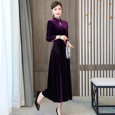 Chinesisch Damen Samt Cheongsam Kleid Fit-und-Flare Langärmlig Elegant Asiatisch