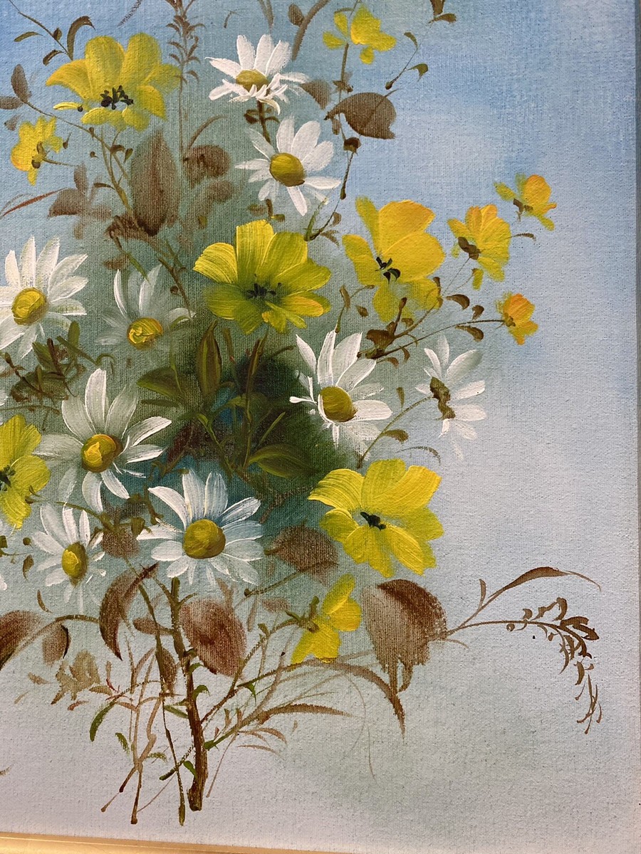 Vintage Large SIGNED Edward Oil Canvas Painting Daisies Flower