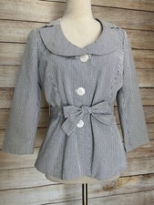 Sandro Striped Cotton Belted Jacket Blazer Sz S Lined Blue Black Bow 3-Button
