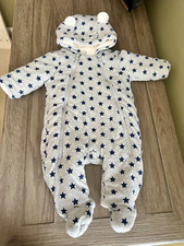 Baby Gap Cozy Sherpa Lined Hooded Ears Footed Dual Zip One Piece Gray Stars 0-3M