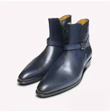 New Blue Handmade Leather Formal Jodhpur Zipper Ankle Strap Dress Boots For Mens