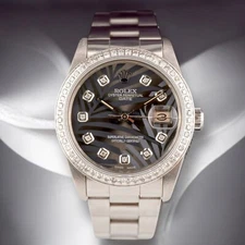 Rolex Date 34mm Ladies 1ct Grey Palm Diamond Dial Steel Oyster Watch 15000