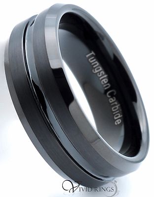 Men Tungsten Carbide Ring Wedding Band Brushed Groove Black 8mm Size 7.5 - 14.5
