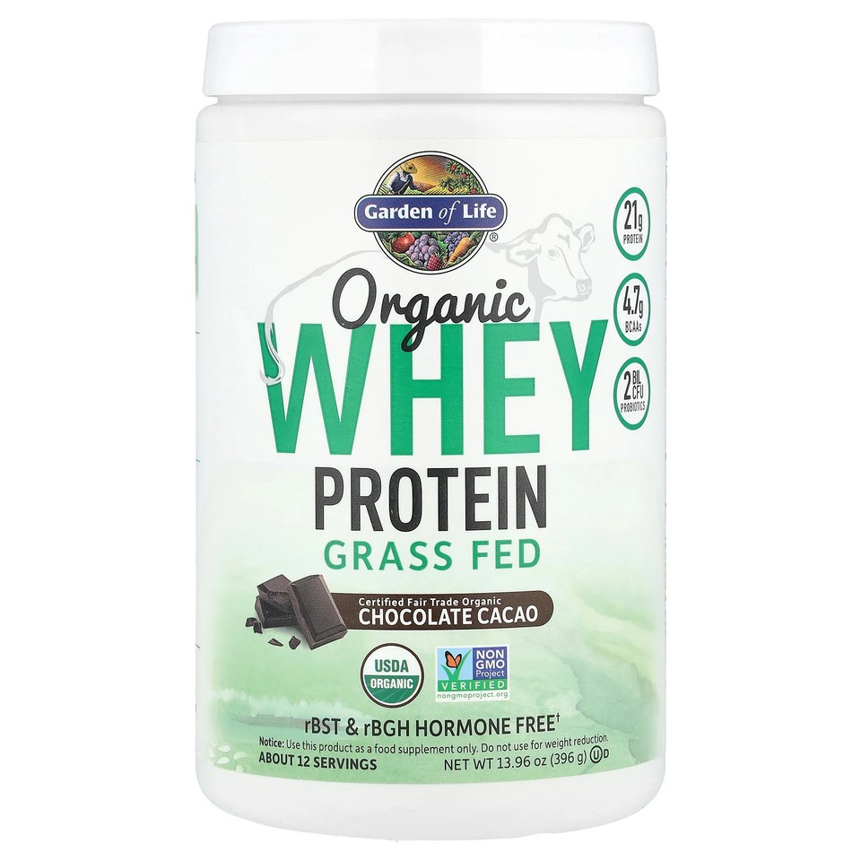 Organic Whey Protein, Grass-Fed, Chocolate Cacao, 13.96 oz (396 g)