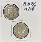 1945 P & S Mercury Dime (VF/XF) ~ 90% Silver ~ Brilliant U.S. Coin ~ D3358