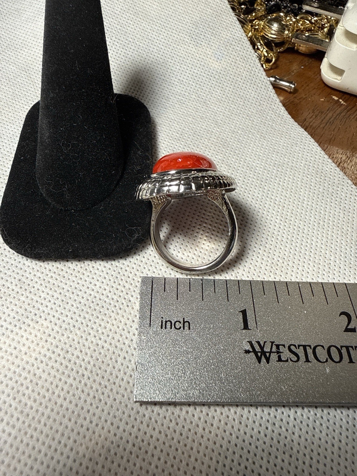 Large Red Cabochon Statement Ring Silver Tone Ova… - image 3