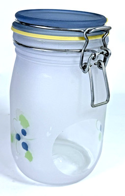 Vintage Luminarc France Frosted Glass Hinged Canister Jar Blueberry Motif