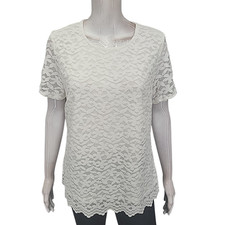 Women's White Short Sleeves Lace Overlay Blouse Top Size Large
