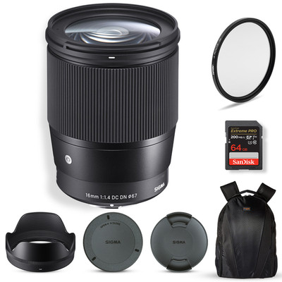 Sigma 16mm f/1.4 DC DN Contemporary Lens for Sony E, 67mm UV, 64GB, Large Bag