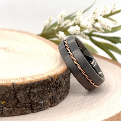 8mm Gray Tungsten Carbide Ring Rose Gold Rope Twisted Inlay Band For Christmas