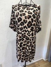 boohoo Beige Leopard Print Jersey Shift Dress Batwing 3/4 Sleeve UK 12
