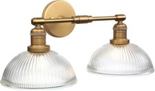 Industrial 2-Light Wall Lights Dome Ribbed Glass Sconces Antique Gold