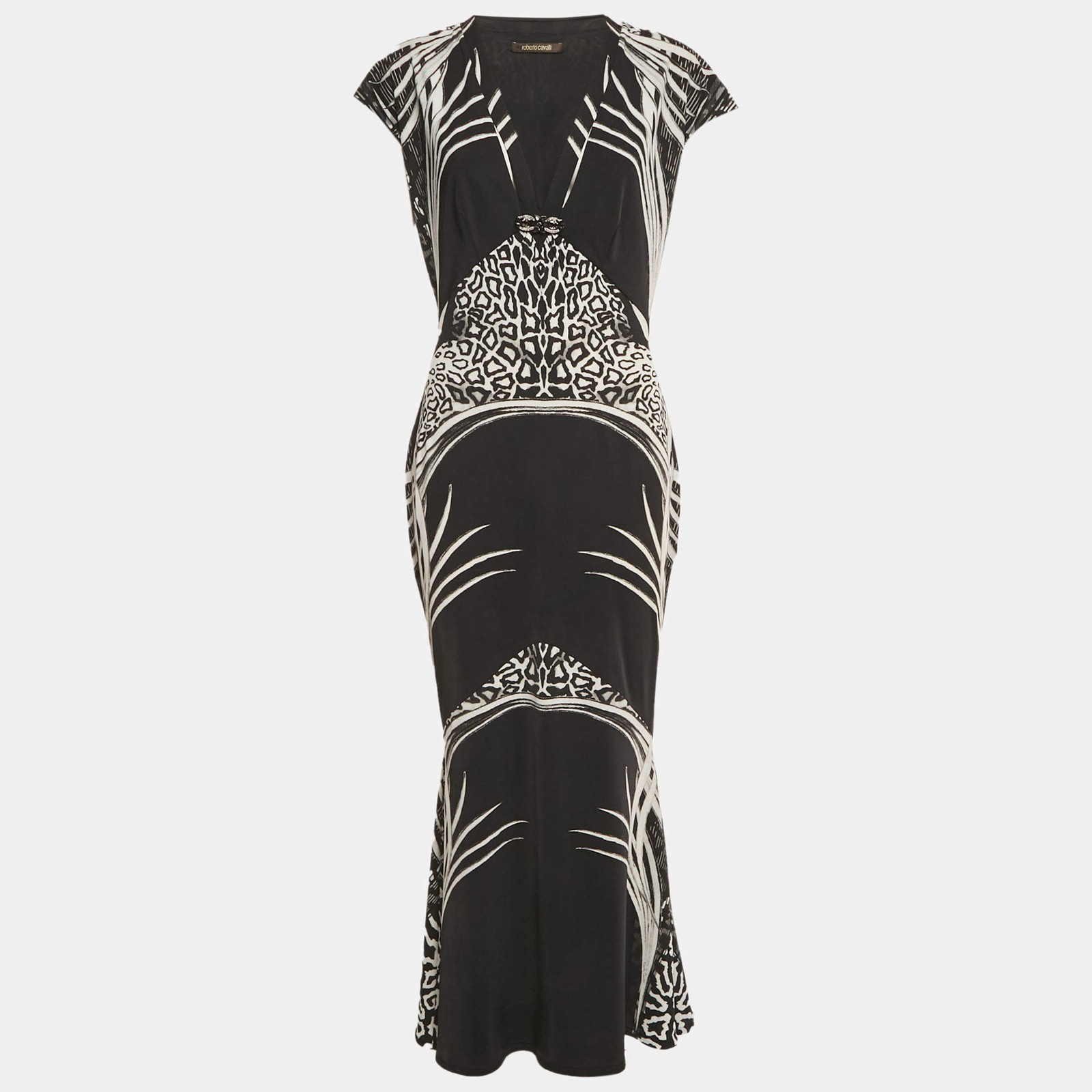 Roberto Cavalli Black Printed Jersey Brocch Detail Maxi Dress M