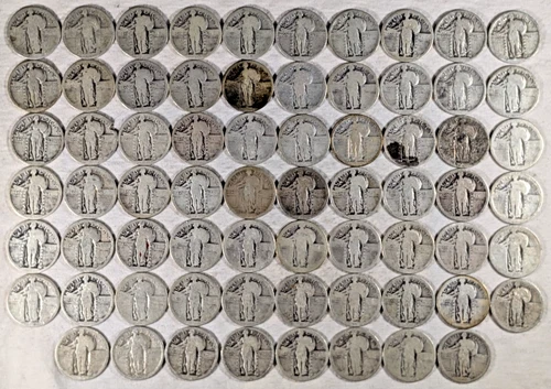 LOT OF 68 LIBERTY QUARTERS 90% SILVER COINS NO DATES WORN $17 FACE VALUE #71