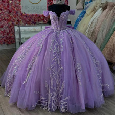 Lavender Shiny Princess Ball Gown Quinceanera Dress Appliques Beads Sweet 16
