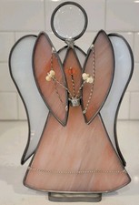 Stained Glass Singing Angel Peach Free Standing Figurine Leaded Frame 8