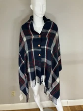 2chic NWT Plaid Blue Blanket Scarf Button Fringed Poncho Shaw Flawed