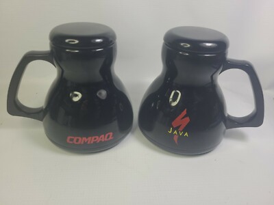 2 Travel Coffee Mugs- Compaq (now HP) + Java Collectible Tech Advertising - READ