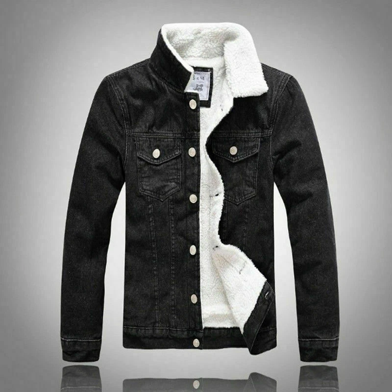 New Men Winter Lamb Wool Liner Warm Lapel Coat Denim Coat Jean Jacket Outwear XL