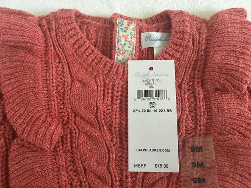 Polo Ralph Lauren Baby Girls Aran-Knit Cotton Sweater Vintage Red Size 9 Mo NWT - Picture 9 of 9