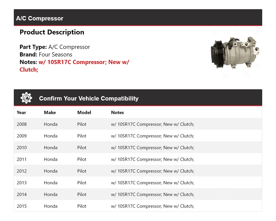 Compresor de aire acondicionado para Honda Pilot 2008-2015 4 estaciones 2009 2010 2011 2012 2013 2014 Foto 2 de 4