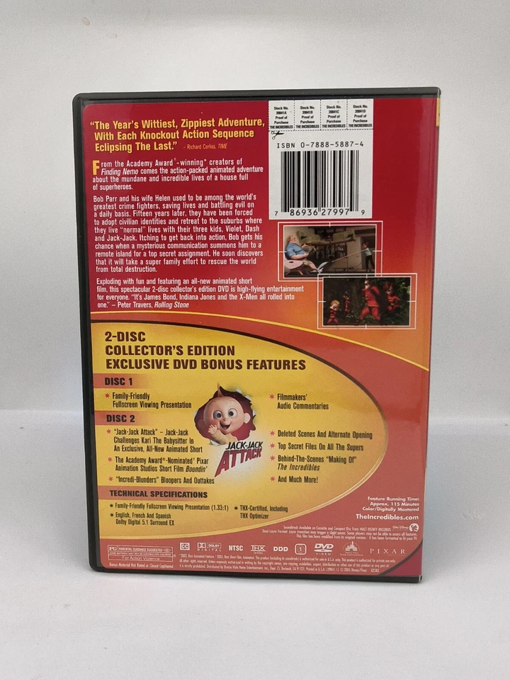 The Incredibles (DVD, Full Frame, 2004) Craig T. Nelson, Brad Bird, Holly Hunter - Image 2 of 4