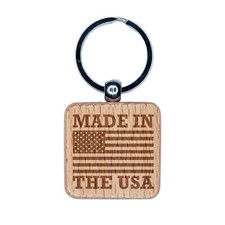 Made in the USA with Flag Engraved Wood Square Keychain Tag Charm