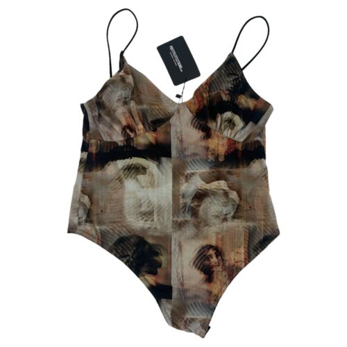 NWT PrettyLittleThing Nude Mesh Abstract Renaissance Print Bodysuit Size 12 - 第 1/9 張圖片