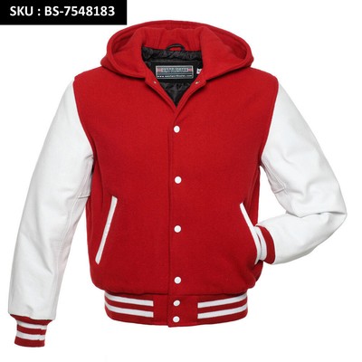 SCARLET Red Wool HOOD Varsity Letterman Bomber Jacket* White Pure Leather Sleeve